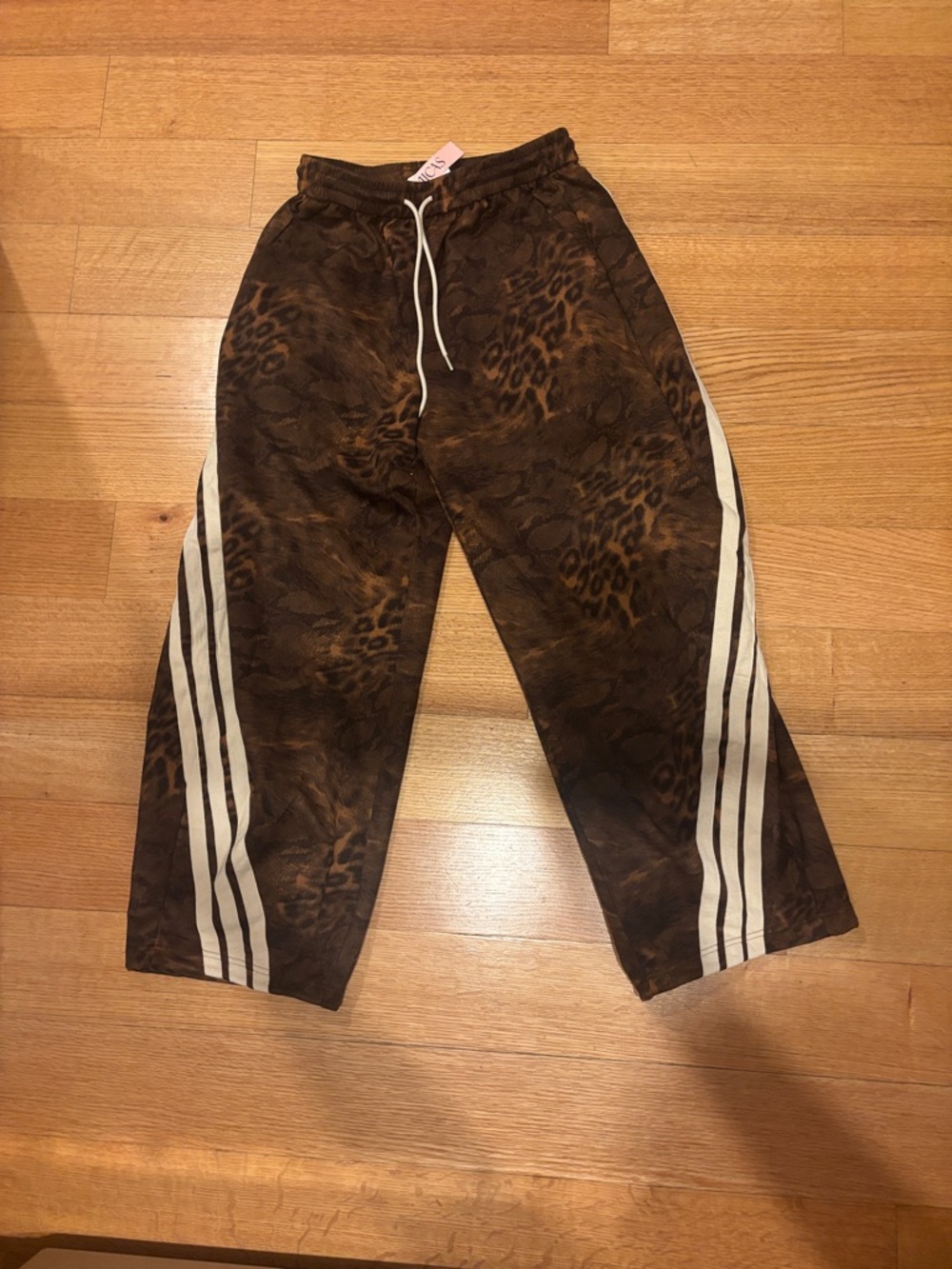 Brand New women’s Brown Leopard Print Track Pants with White Side Stripes